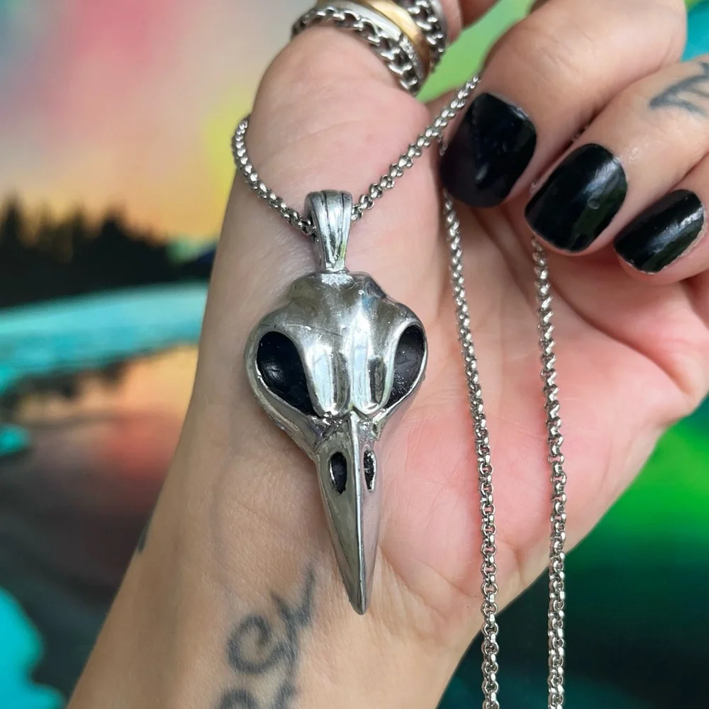 Handmade resin crow raven bird skull necklace (stainless steel chain ) boho goth - Picture 7 of 13